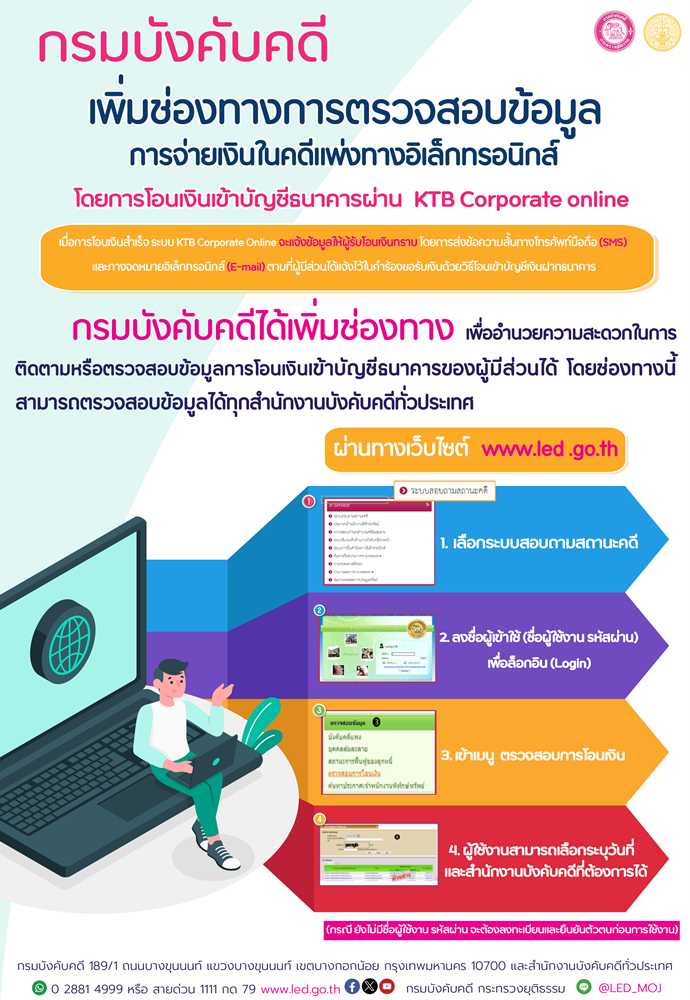 กรมบังคับคดีเพิ่มช่องทางการตรวจสอบข้อมูลการจ่ายเงินในคดีแพ่งทางอิเล็กทรอนิกส์